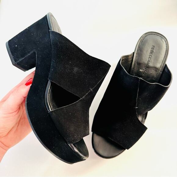 NEW REBECCA MINKOFF Classic Black Suede Chunky Platform Heeled Sandals Mules 8.5 - Picture 1 of 12